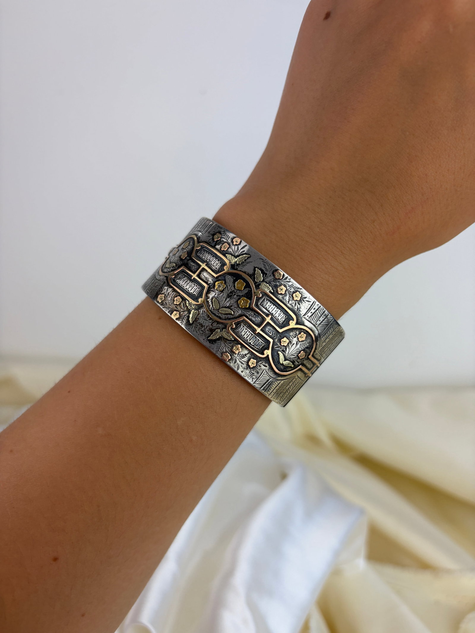 Antique Victorian Wide Gold Overlay Silver Aesthetics Bangle - 5