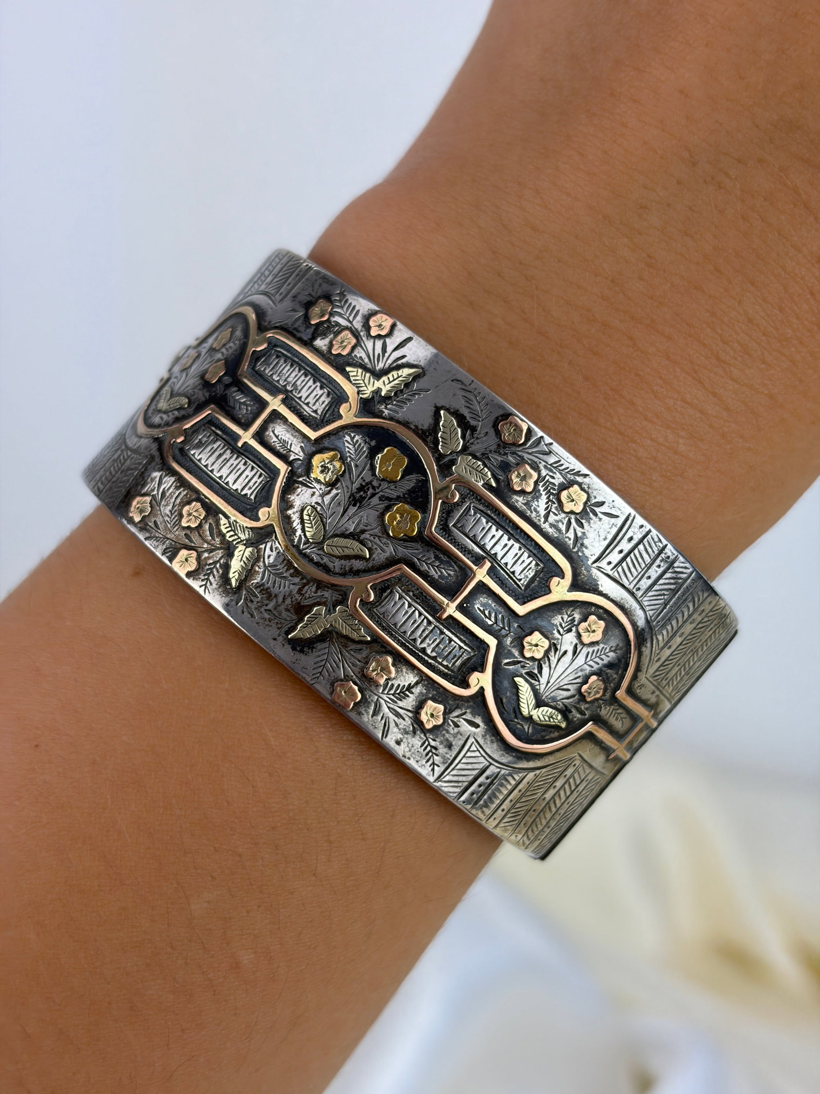 Antique Victorian Wide Gold Overlay Silver Aesthetics Bangle - 6