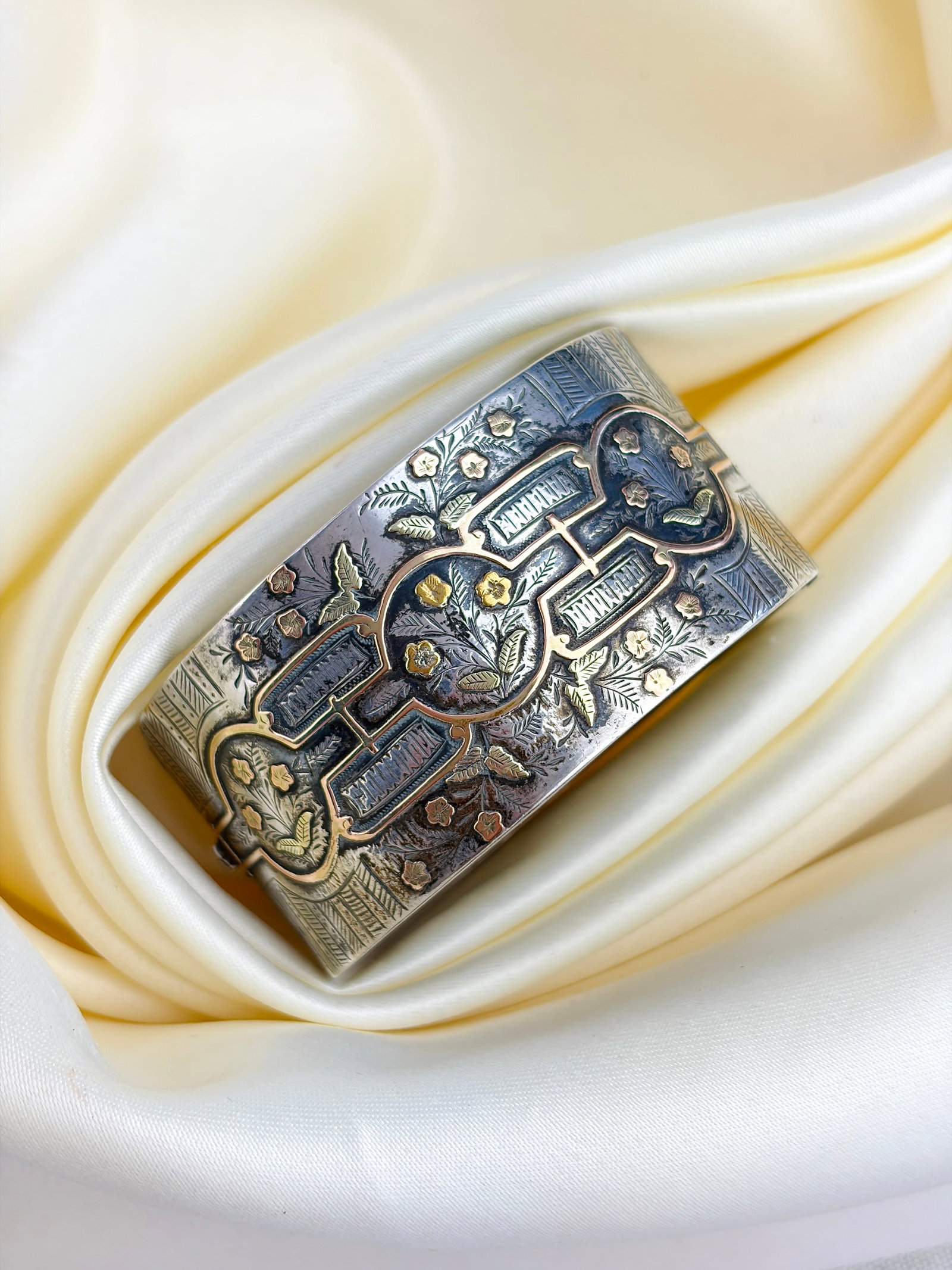 Antique Victorian Wide Gold Overlay Silver Aesthetics Bangle - 7