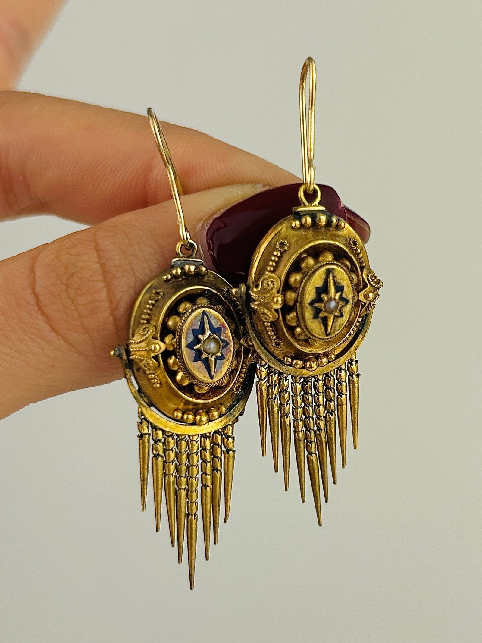 Victorian Pearl and Blue Enamel Star, Fringe Detail 15ct Gold Earrings and Brooch Set - 2