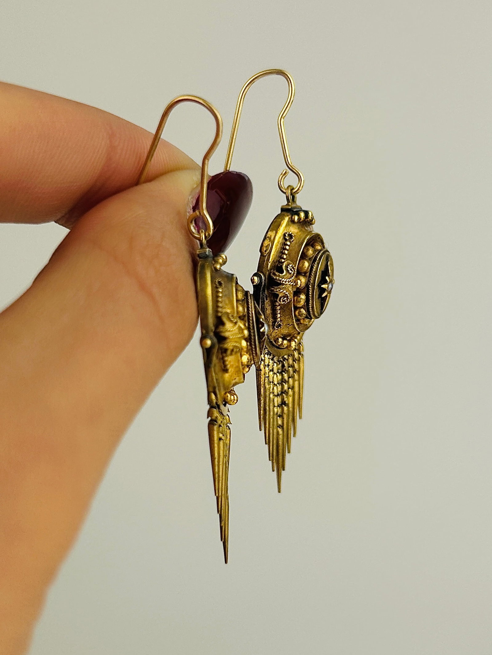 Victorian Pearl and Blue Enamel Star, Fringe Detail 15ct Gold Earrings and Brooch Set - 3