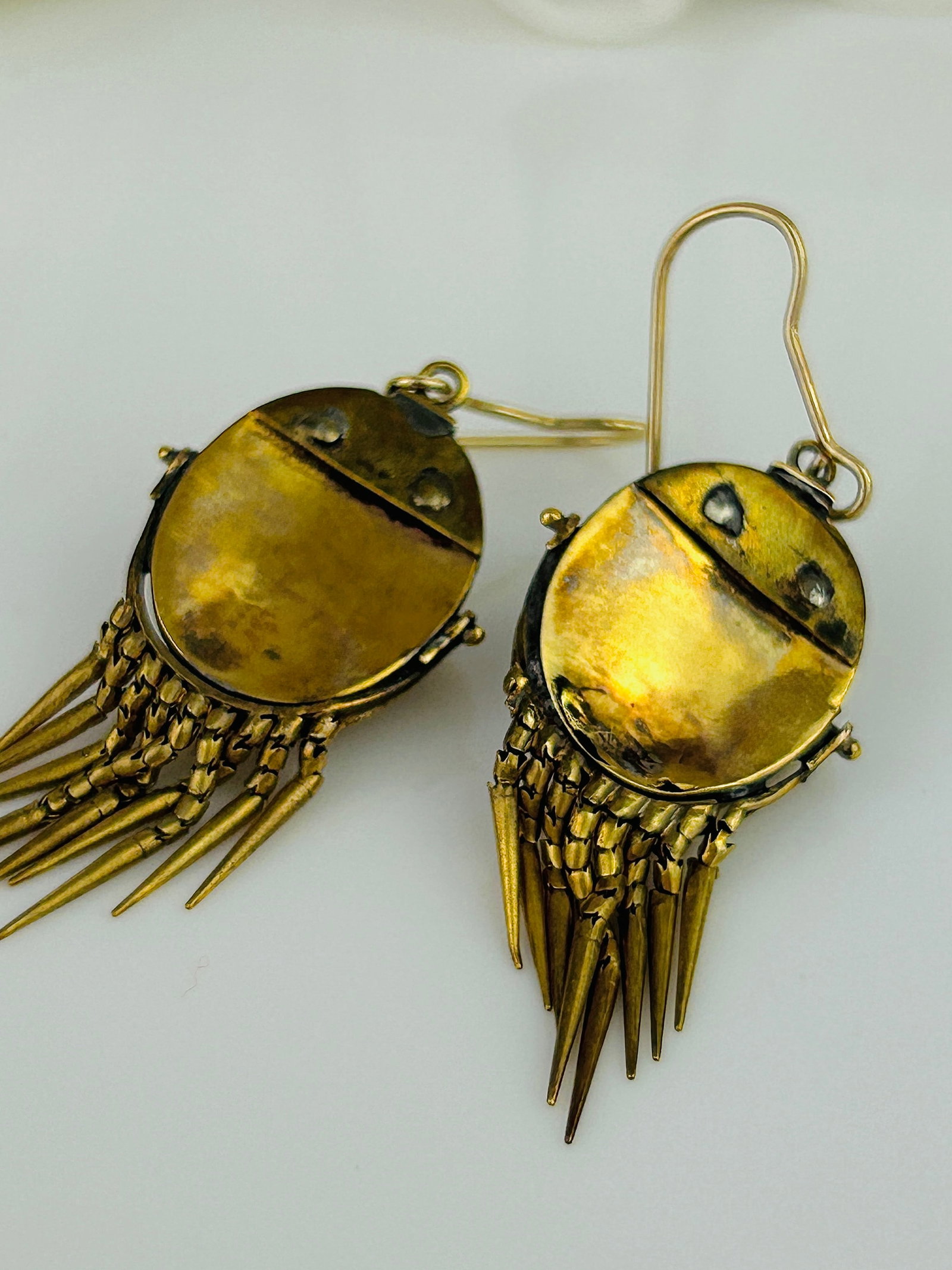 Victorian Pearl and Blue Enamel Star, Fringe Detail 15ct Gold Earrings and Brooch Set - 4