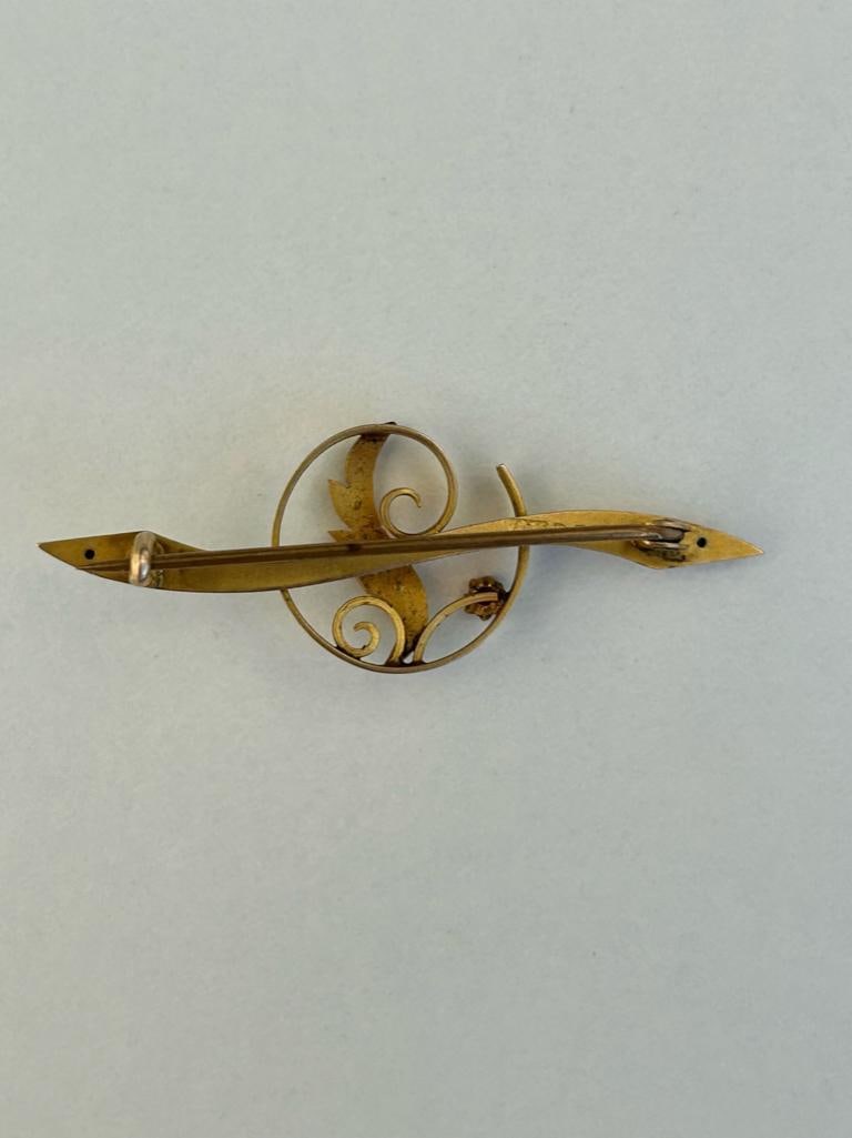 Yellow Gold Pearl and Red Stone Bar Brooch - 5