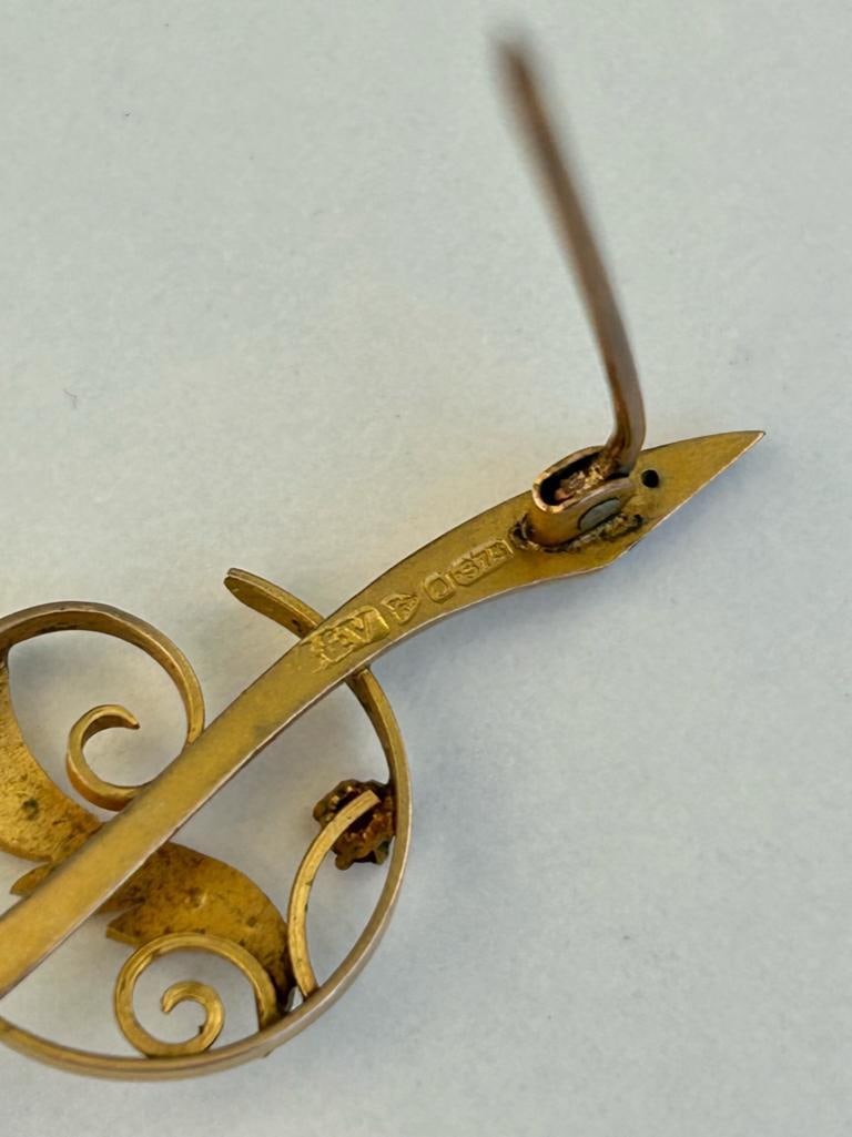 Yellow Gold Pearl and Red Stone Bar Brooch - 6