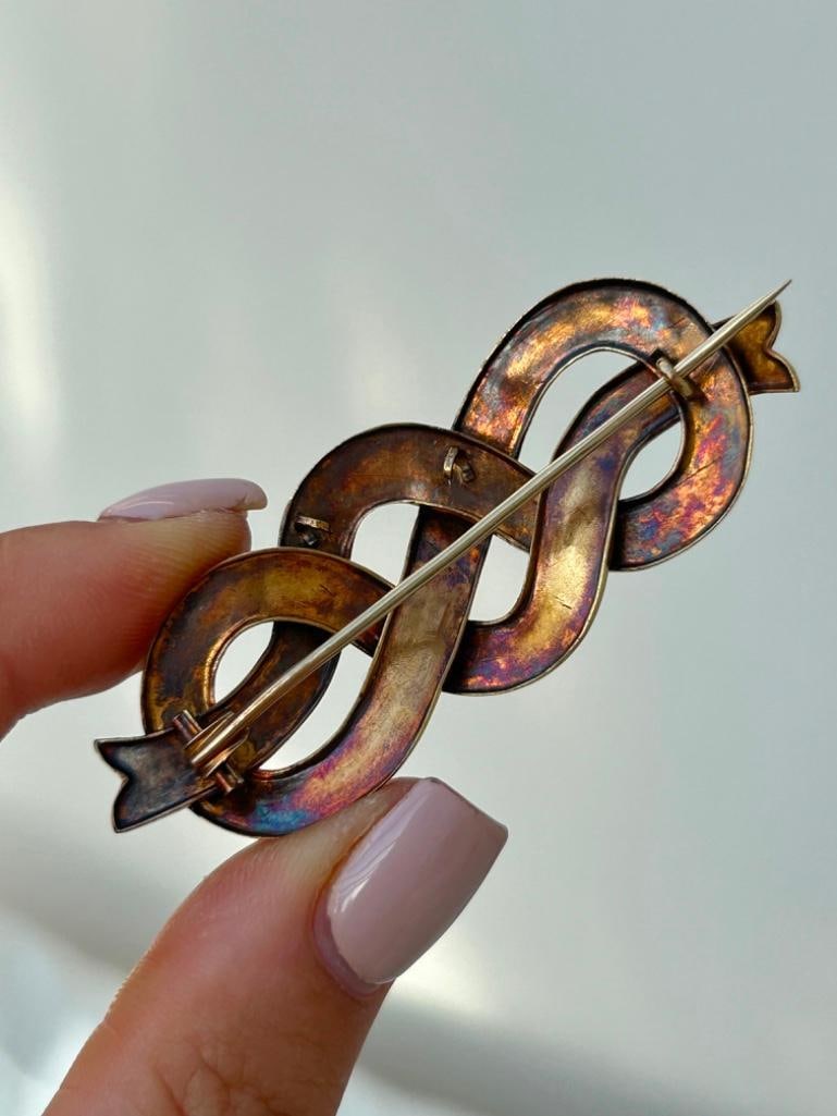 Large Antique Gold Lovers Knot Turquoise Brooch - 4