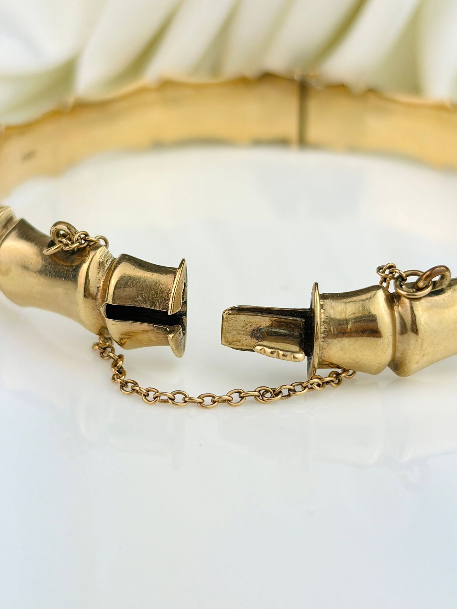 Vintage Chunky 9ct Yellow Gold Bamboo Design Bangle Bracelet with Safety Chain - 7