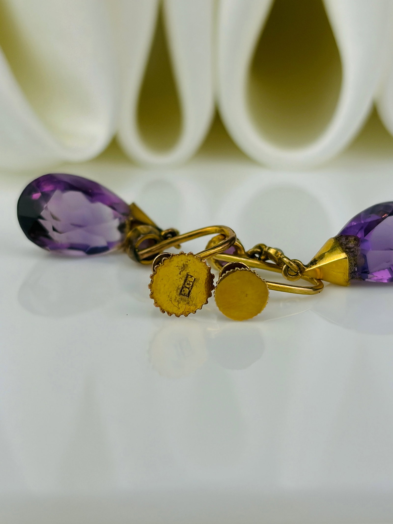 antique 9ct gold amethyst and pearl screw back earrings - 3