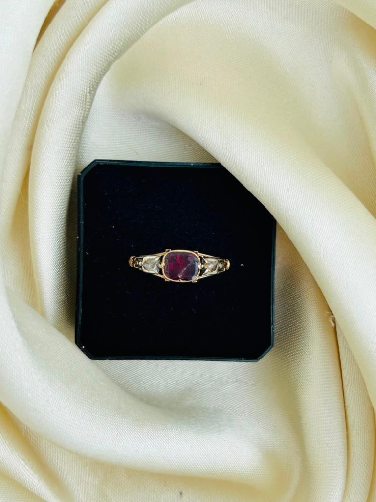 Georgian Era Flat Cut Garnet and Diamond Yellow Gold Ring - 6