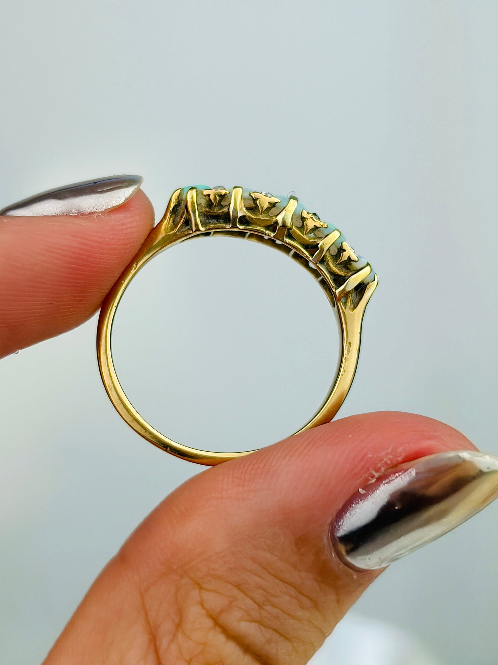 Antique 18ct Yellow Gold Opal 5 Stone Ring with Diamond Points - 6