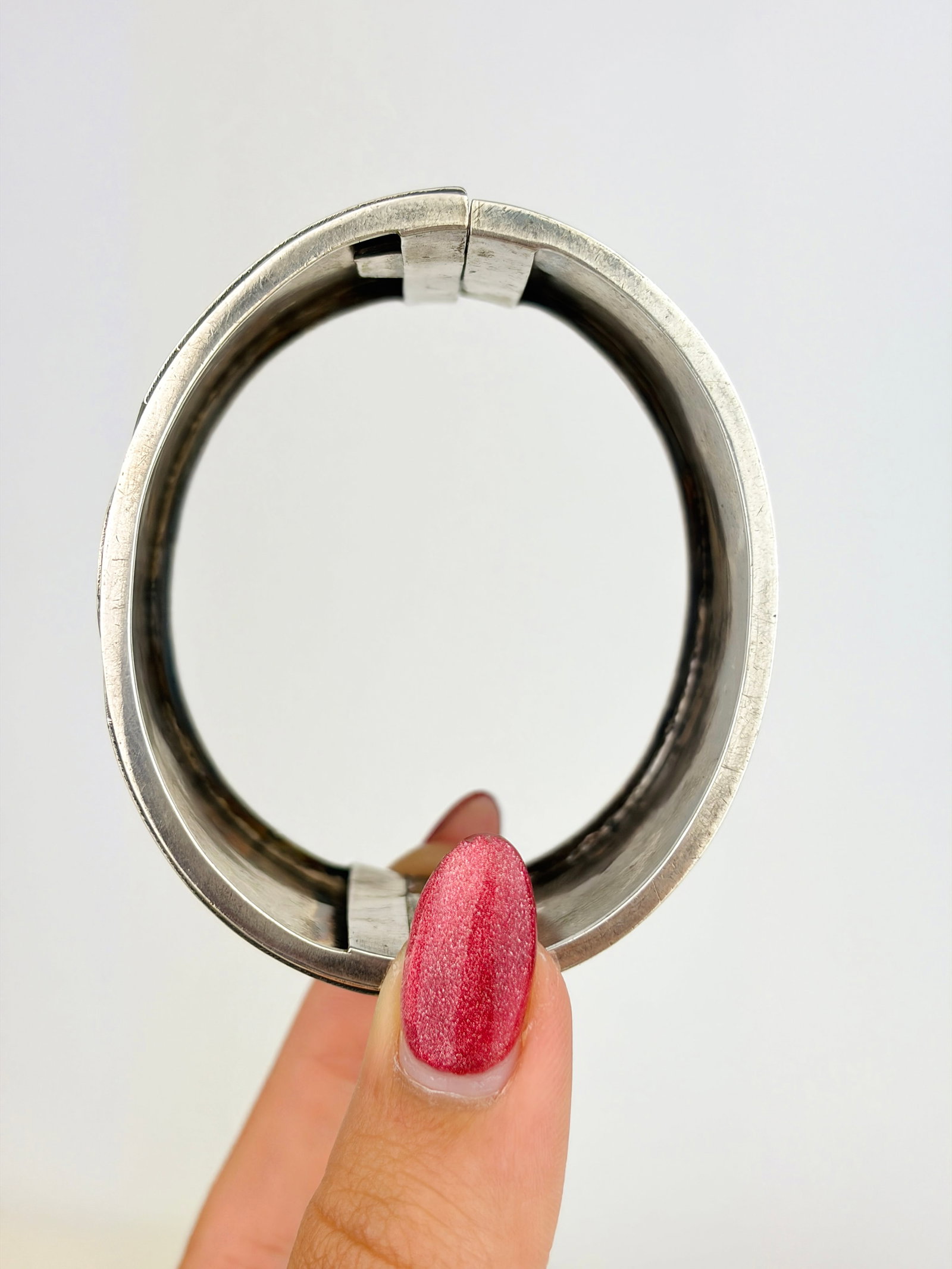 Extra Wide Antique Silver Aesthetic Bangle with Gold Overlay Details - 2