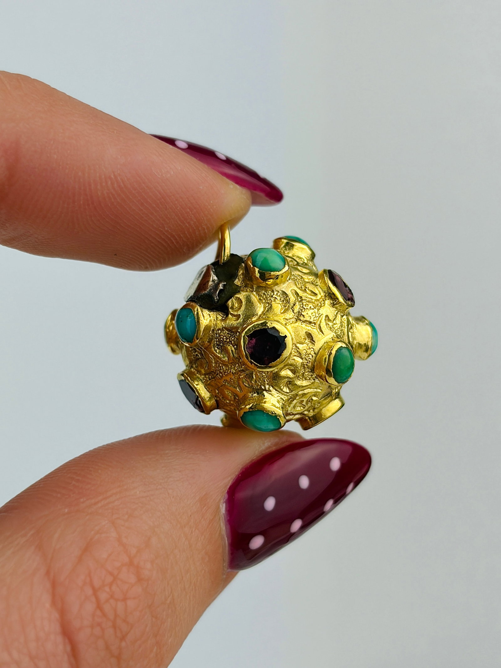 antique flat cut garnet and turquoise sputnik pendant - 3