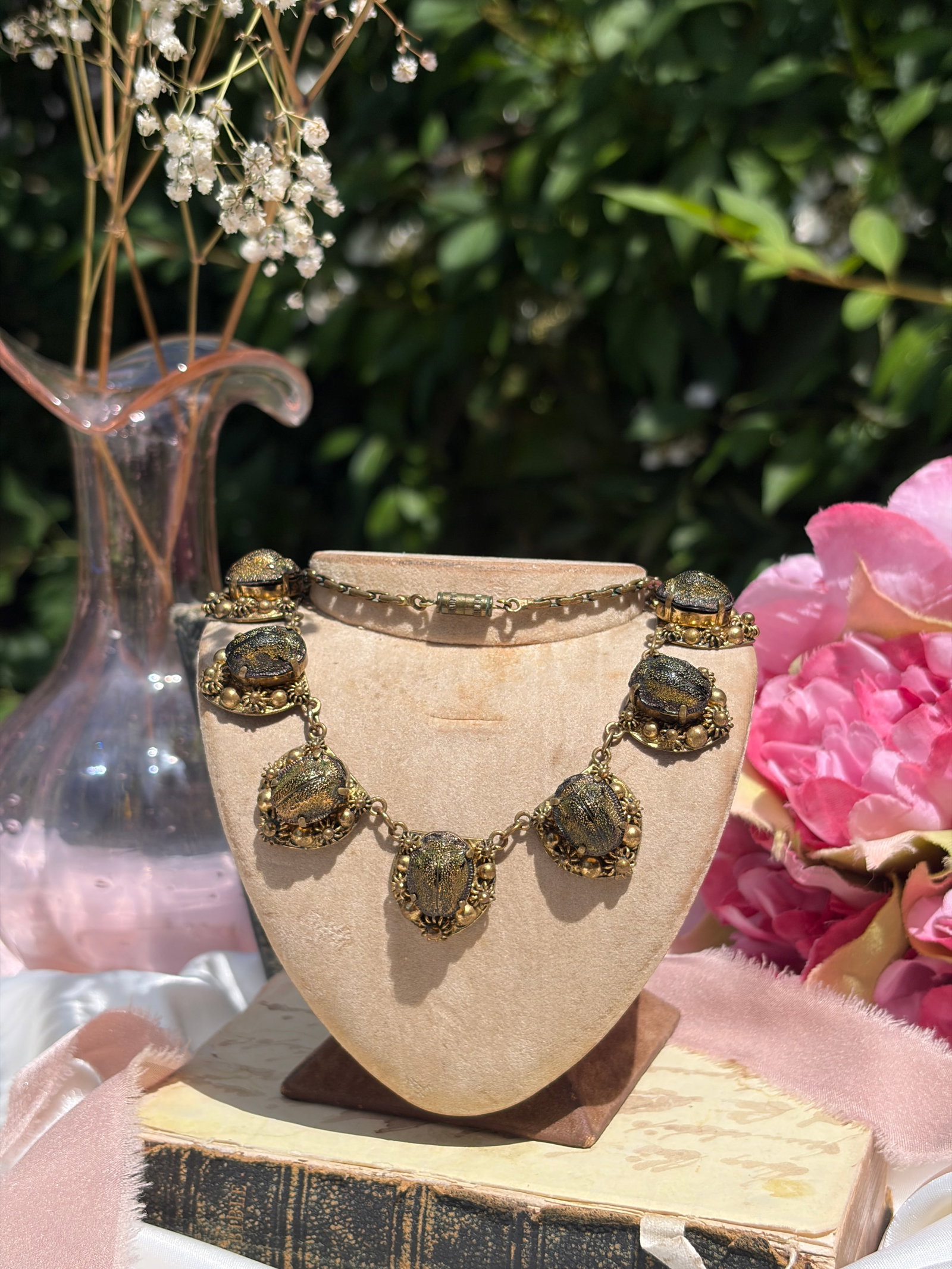 Antique Gilt Metal Egyptian Revival Scarab Necklace - 3