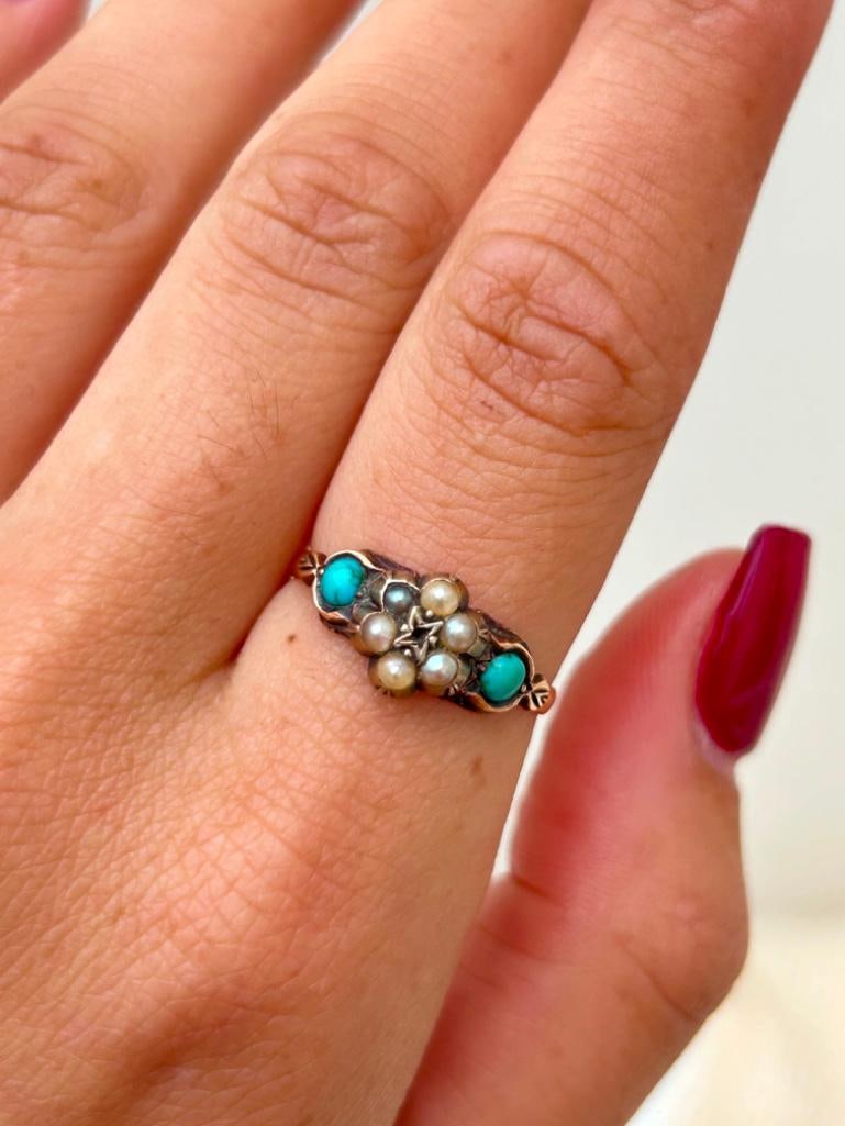 Antique 9ct Gold Turquoise and Pearl Flower Ring - 2