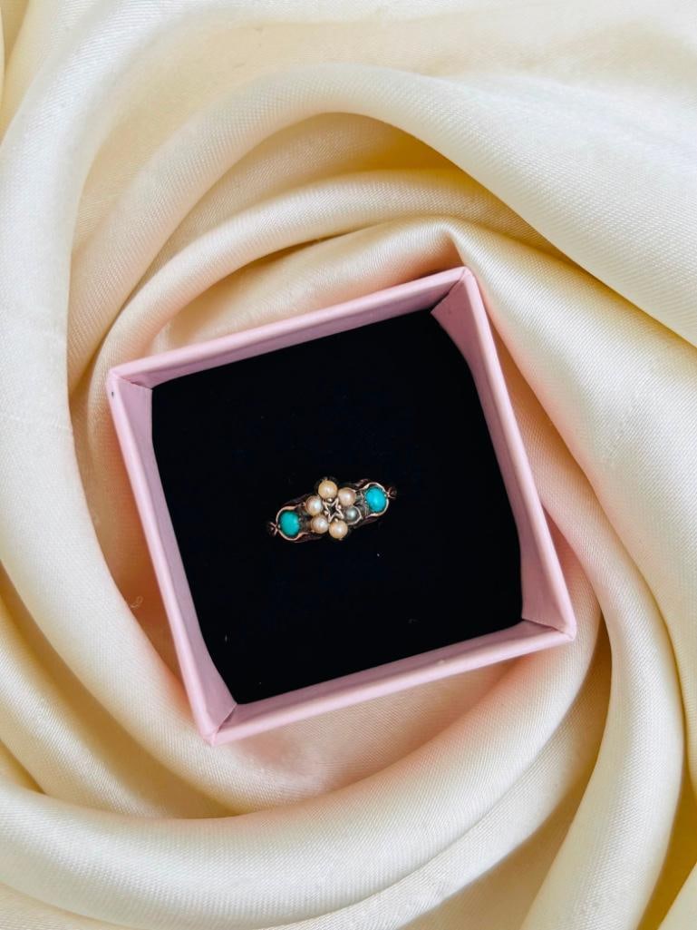 Antique 9ct Gold Turquoise and Pearl Flower Ring - 4