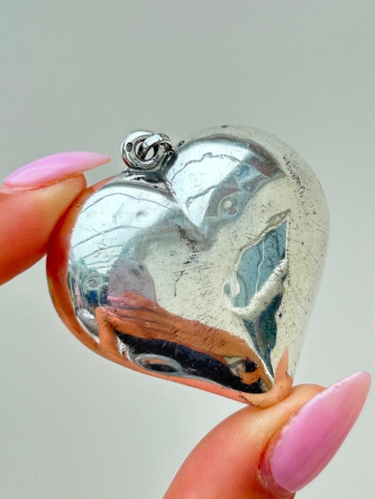 Huge Vintage Silver Puffed Heart Pendant - 3