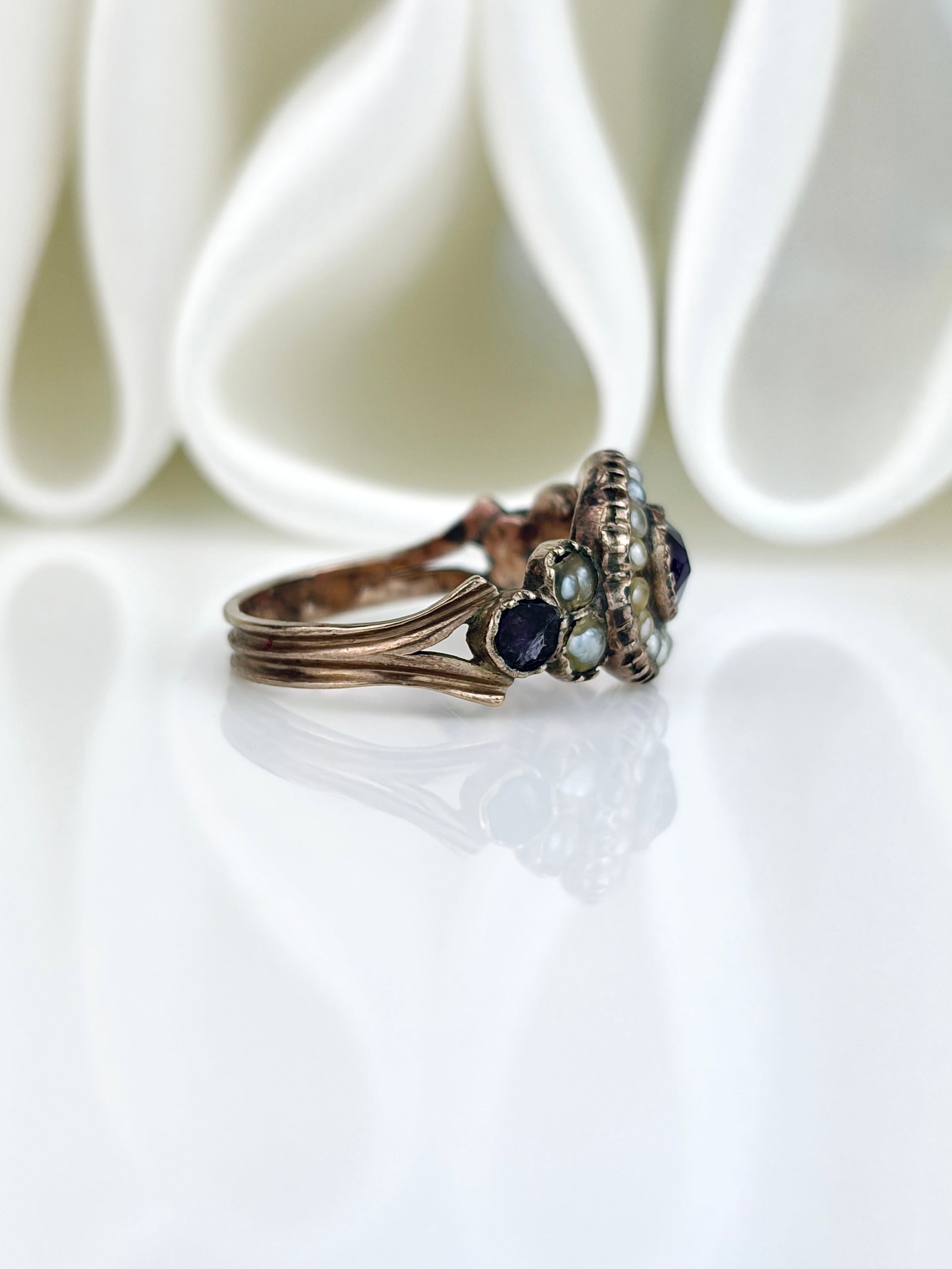 Antique Georgian Era Amethyst and Pearl Cluster Ring in Gold - 2