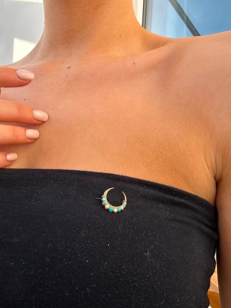 Antique 15ct Yellow Gold Pearl and Turquoise Moon Crescent Brooch - 4