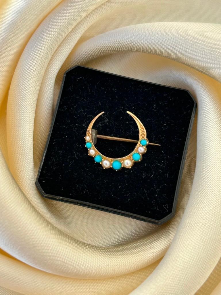 Antique 15ct Yellow Gold Pearl and Turquoise Moon Crescent Brooch - 5
