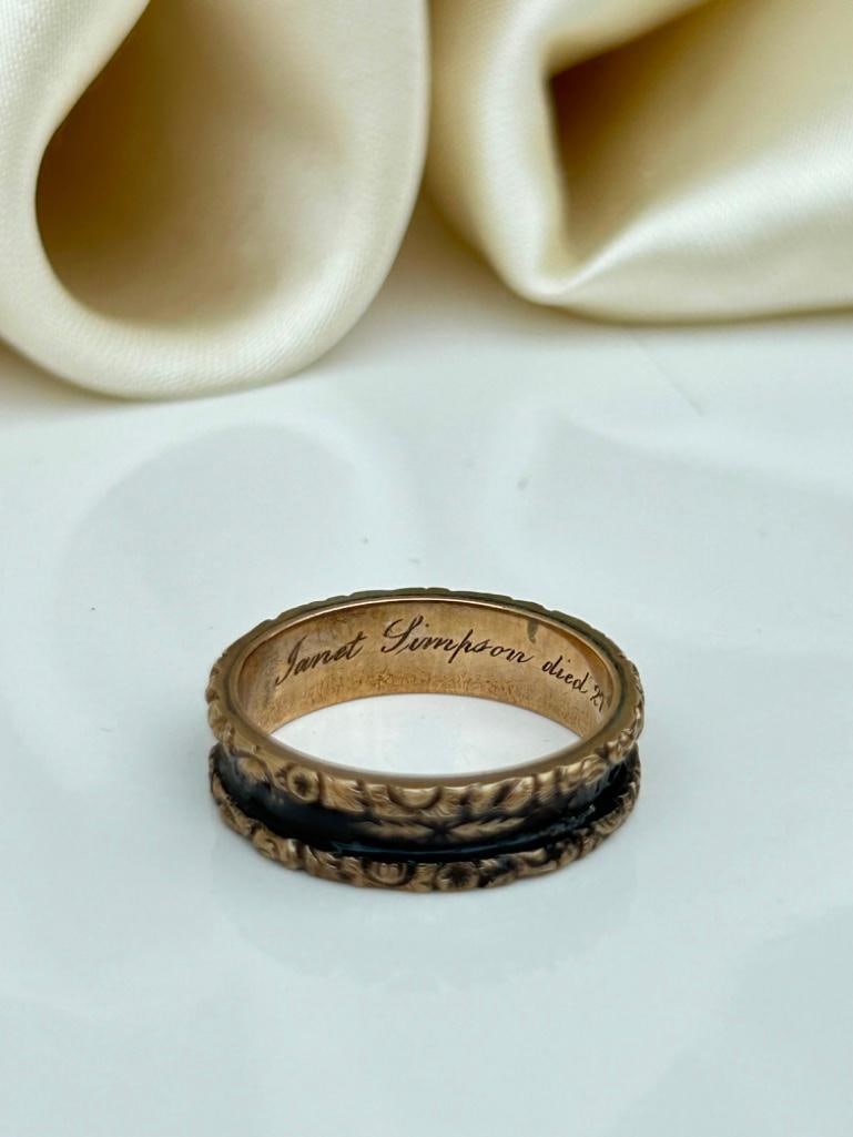 Antique Mourning Band Enamel Ring “Janet Simpson Died 27th Jan 1837” in Chunky Gold - 6