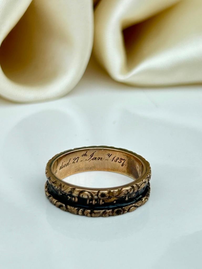 Antique Mourning Band Enamel Ring “Janet Simpson Died 27th Jan 1837” in Chunky Gold - 7