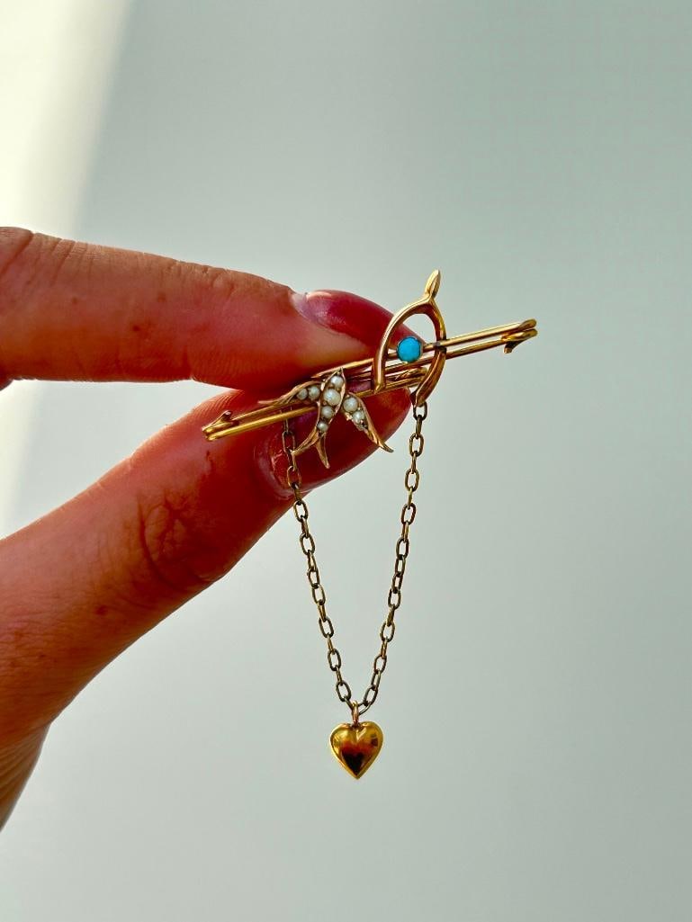 Antique turquoise wishbone and pearl swallow and heart double gold pins - 3