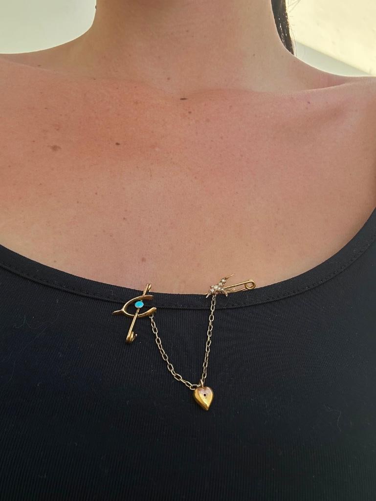Antique turquoise wishbone and pearl swallow and heart double gold pins - 5