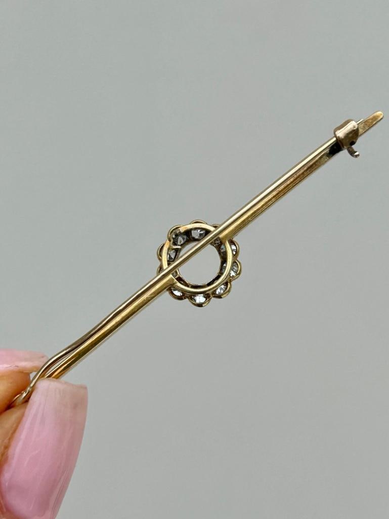 Antique 15ct Yellow Gold Diamond Flower Bar Brooch - 3