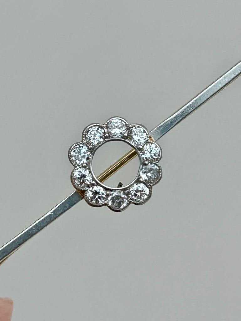 Antique 15ct Yellow Gold Diamond Flower Bar Brooch - 4