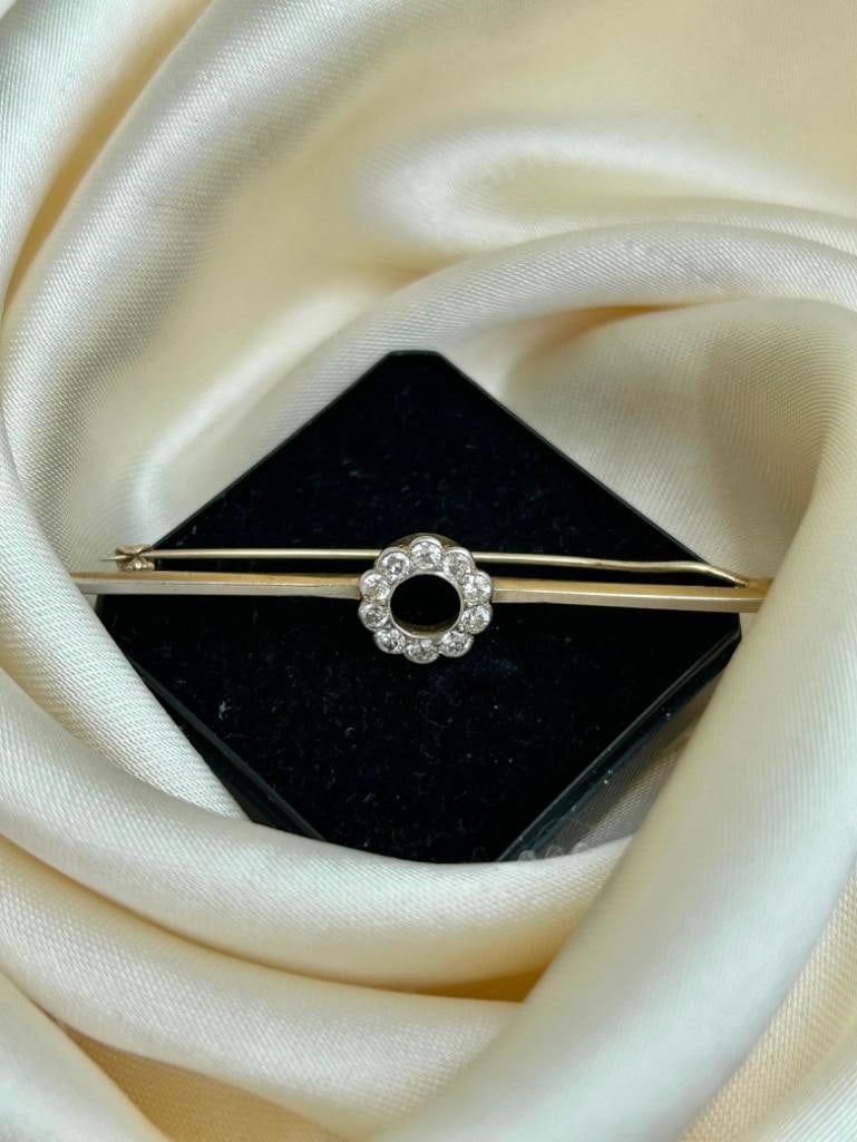 Antique 15ct Yellow Gold Diamond Flower Bar Brooch - 5