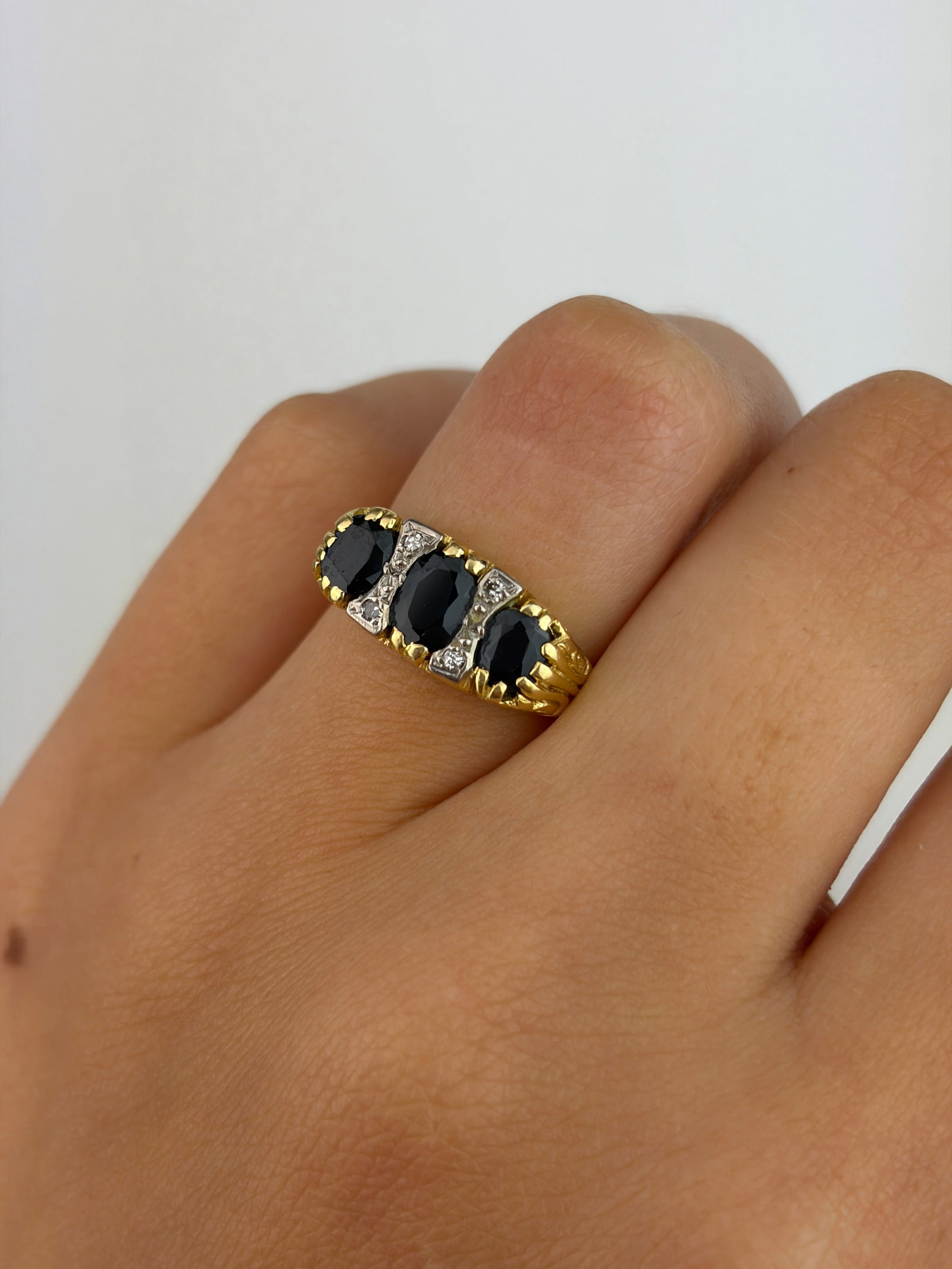 Antique Chunky Sapphire and Diamond Scroll Set Ring in 18ct Yellow Gold - 8