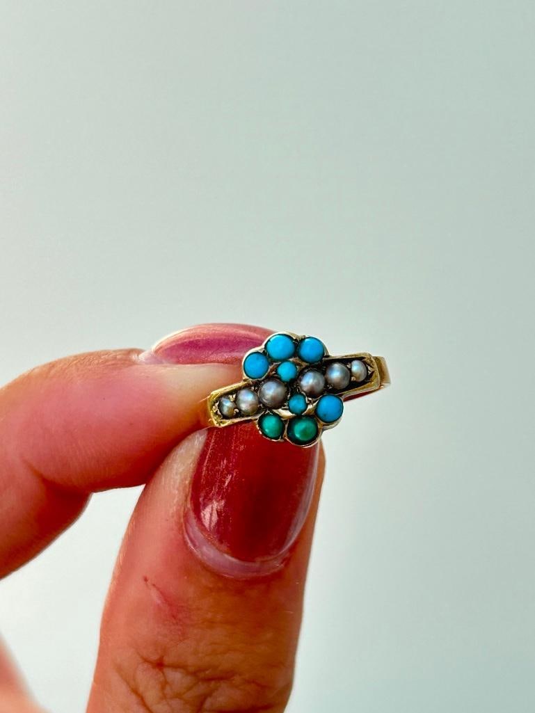Sweet antique 15ct yellow gold turquoise and pearl ring in antique red leather heart box - 3