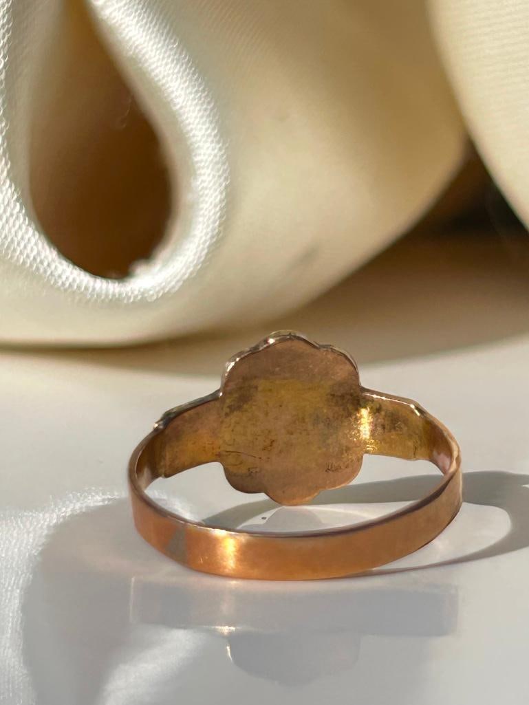 Sweet antique 15ct yellow gold turquoise and pearl ring in antique red leather heart box - 6