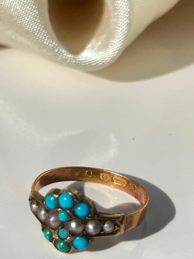 Sweet antique 15ct yellow gold turquoise and pearl ring in antique red leather heart box - 7