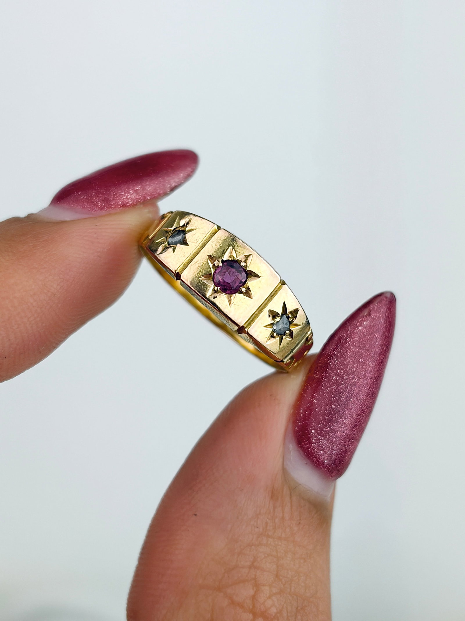 Antique Victorian c.1892 15ct Yellow Gold Ruby and Diamond 3 Stone Star Ring - 5