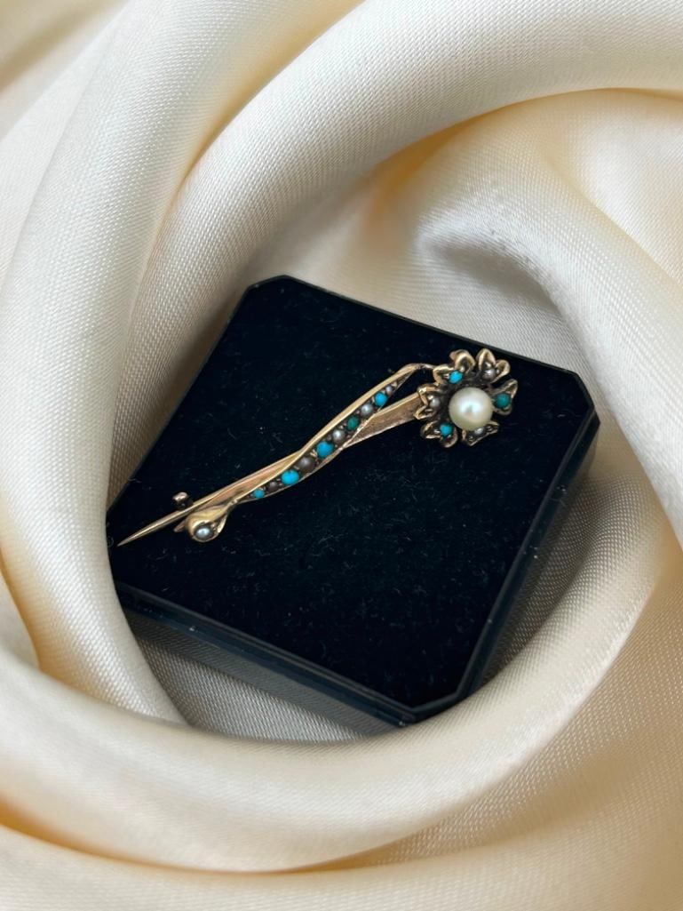 Antique Yellow Gold Turquoise and Pearl Flower Brooch - 5