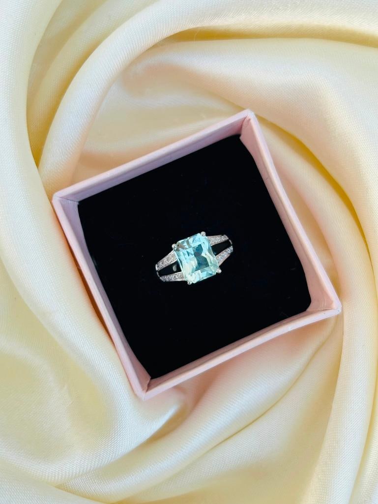 Amazing aquamarine Onyx and diamond 9K white gold chunky ring - 5