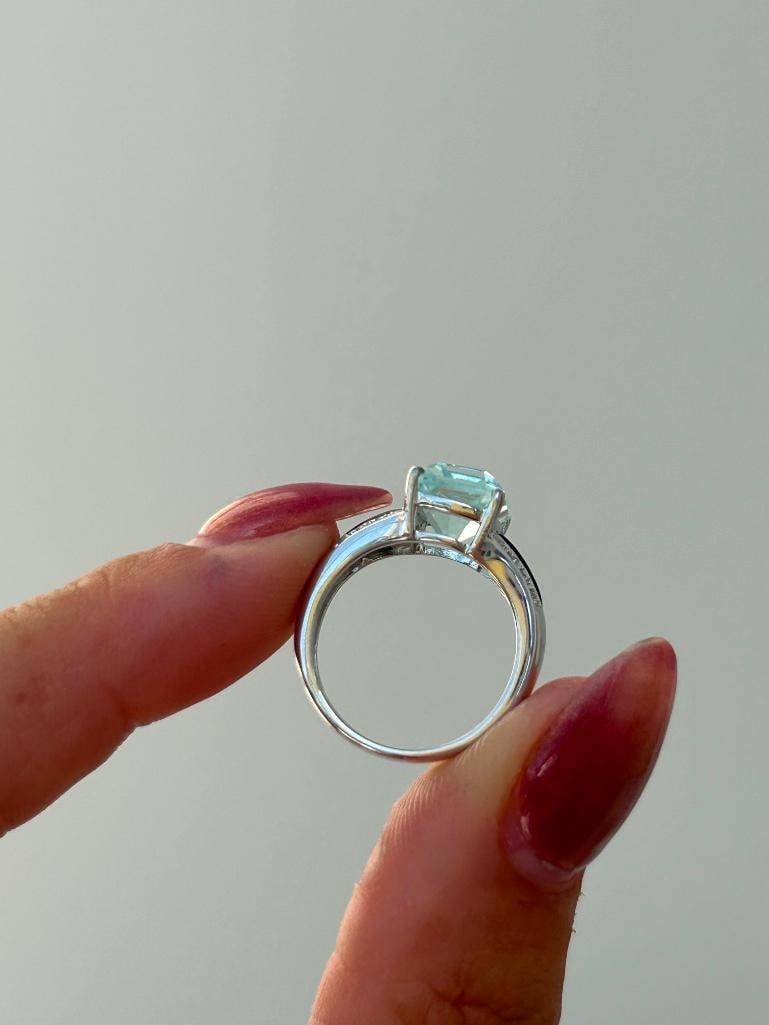 Amazing aquamarine Onyx and diamond 9K white gold chunky ring - 9