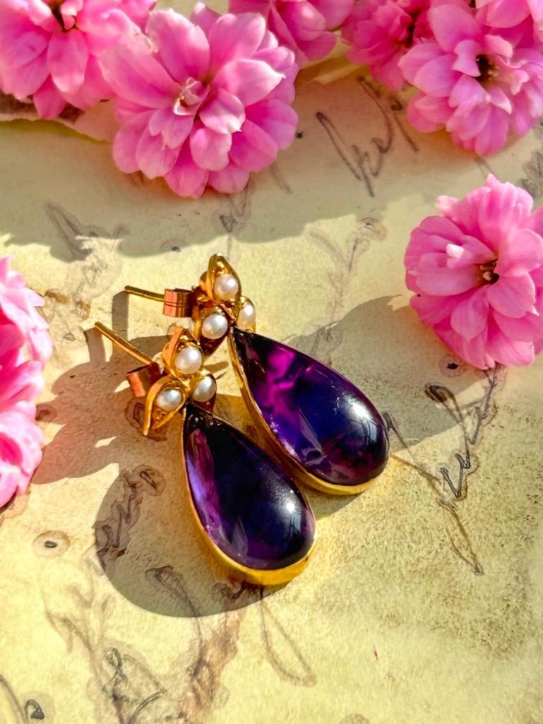 Antique Gold Cabochon Amethyst and Pearl Drop Earrings - 3