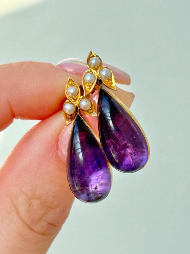 Antique Gold Cabochon Amethyst and Pearl Drop Earrings - 4