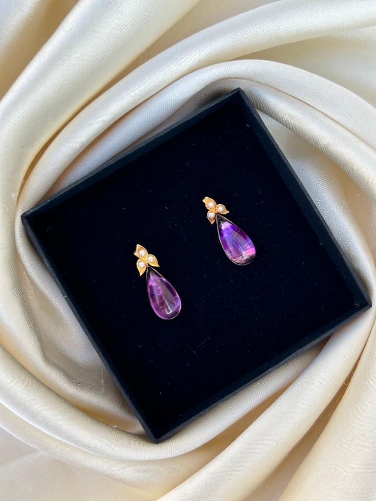 Antique Gold Cabochon Amethyst and Pearl Drop Earrings - 6