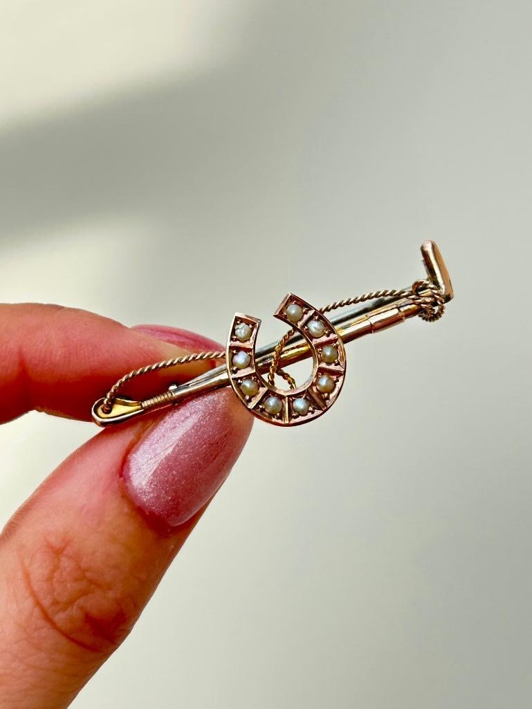 Antique Gold Pearl Horseshoe Brooch - 4