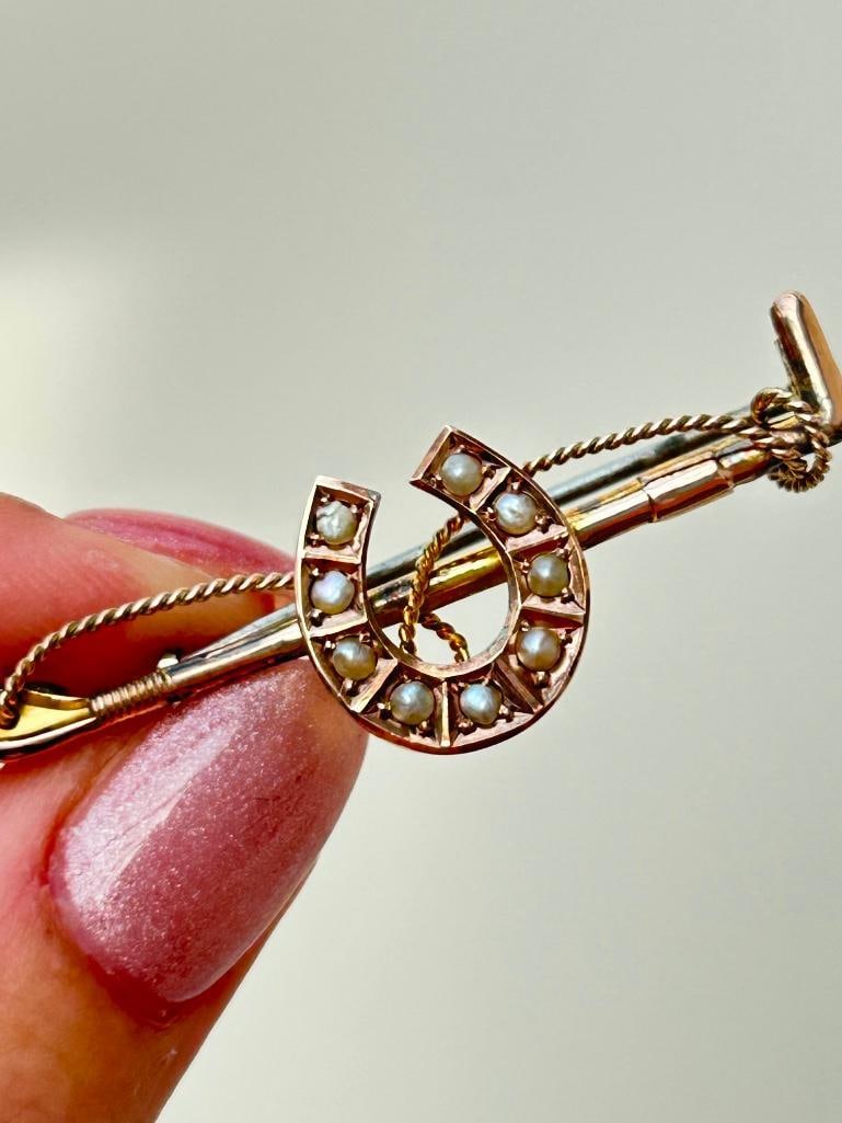 Antique Gold Pearl Horseshoe Brooch - 8