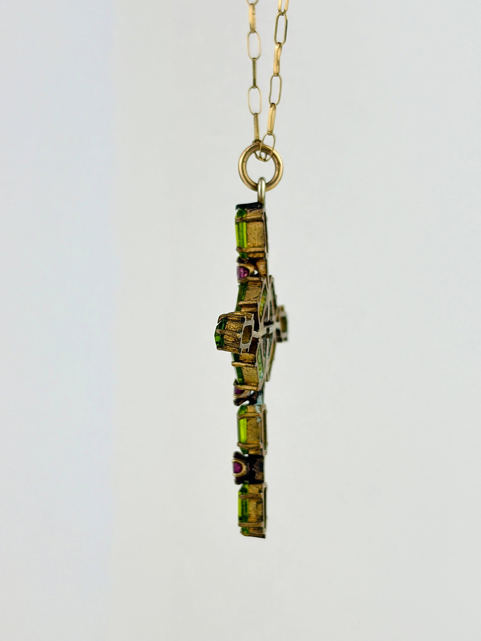 PINK AND GREEN STONE CROSS GOLD PENDANT ON CHAIN - 2