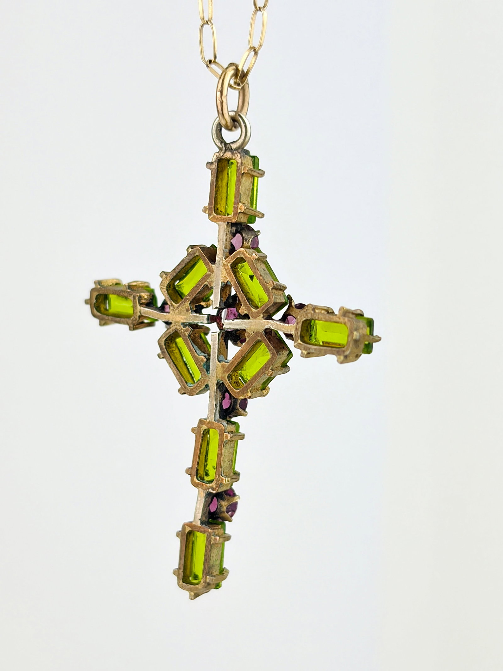 PINK AND GREEN STONE CROSS GOLD PENDANT ON CHAIN - 3