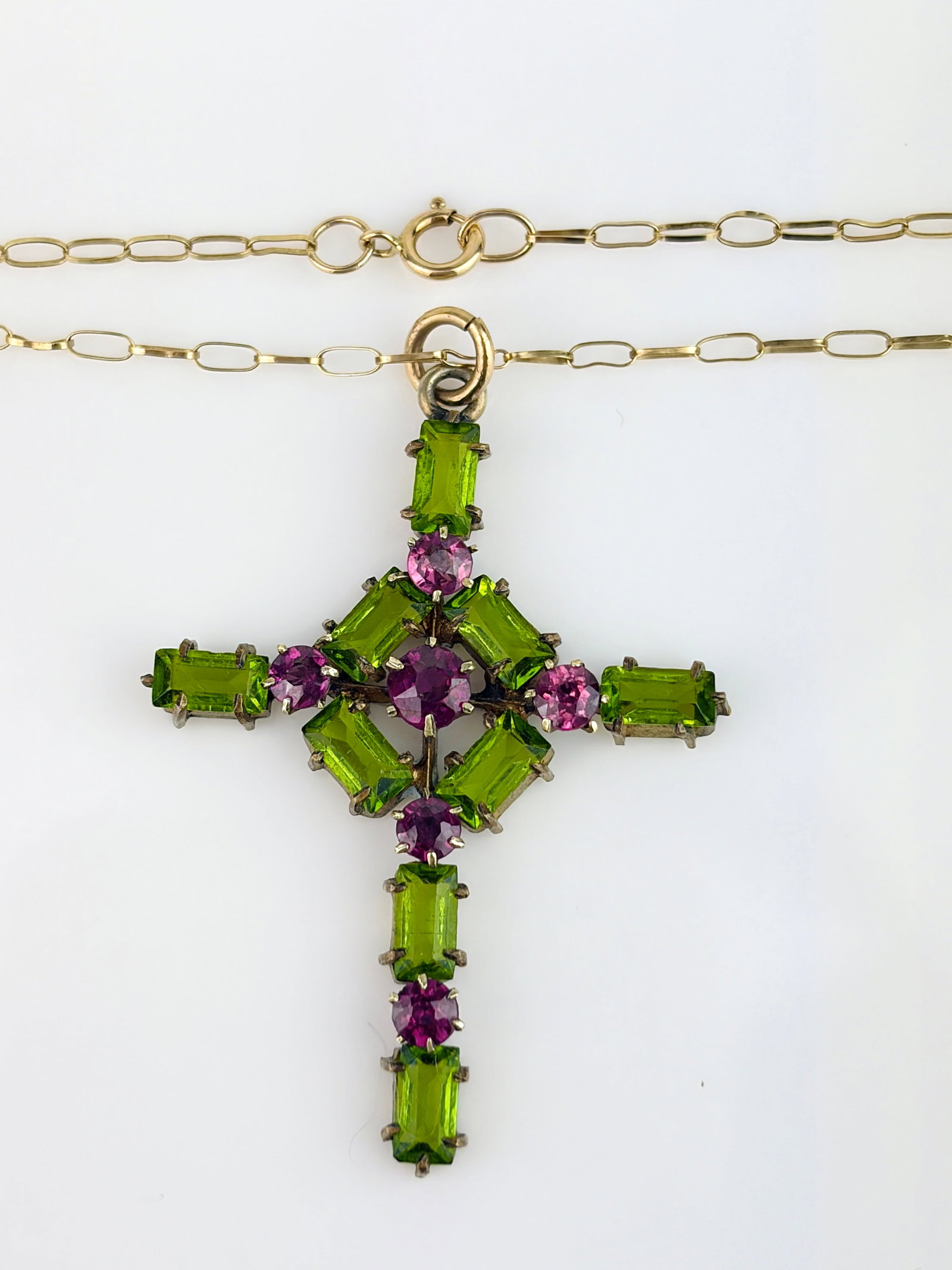 PINK AND GREEN STONE CROSS GOLD PENDANT ON CHAIN - 4