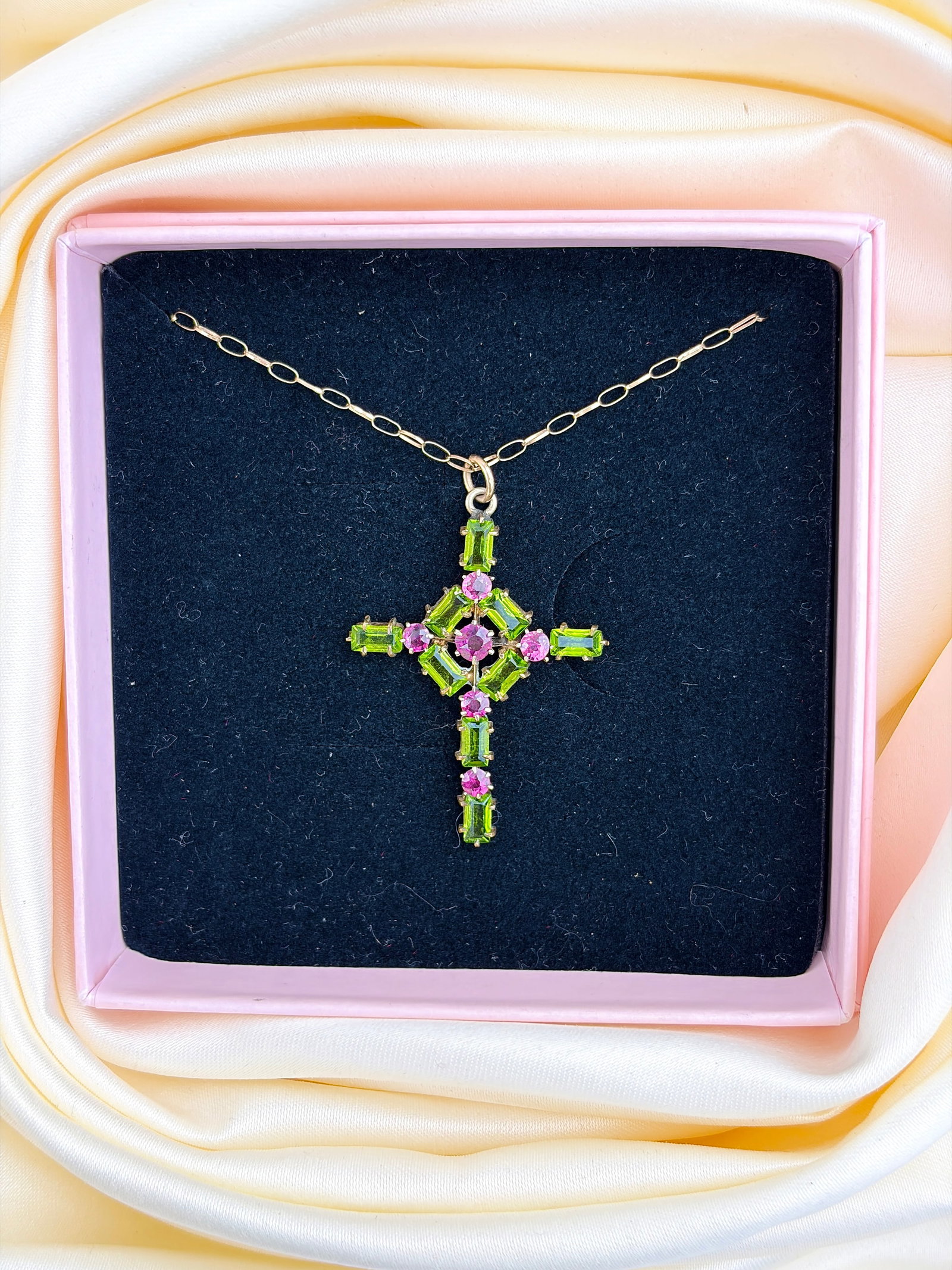 PINK AND GREEN STONE CROSS GOLD PENDANT ON CHAIN - 6