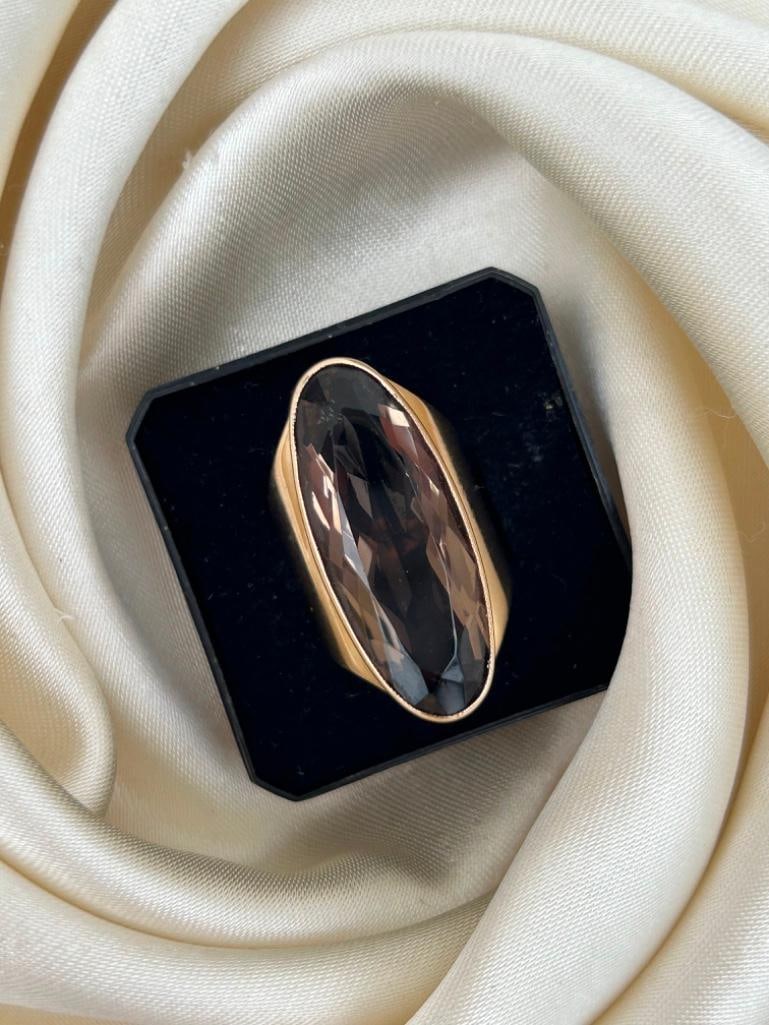 Huge Chunky Gold Smokey Quartz Cocktail Ring - 6