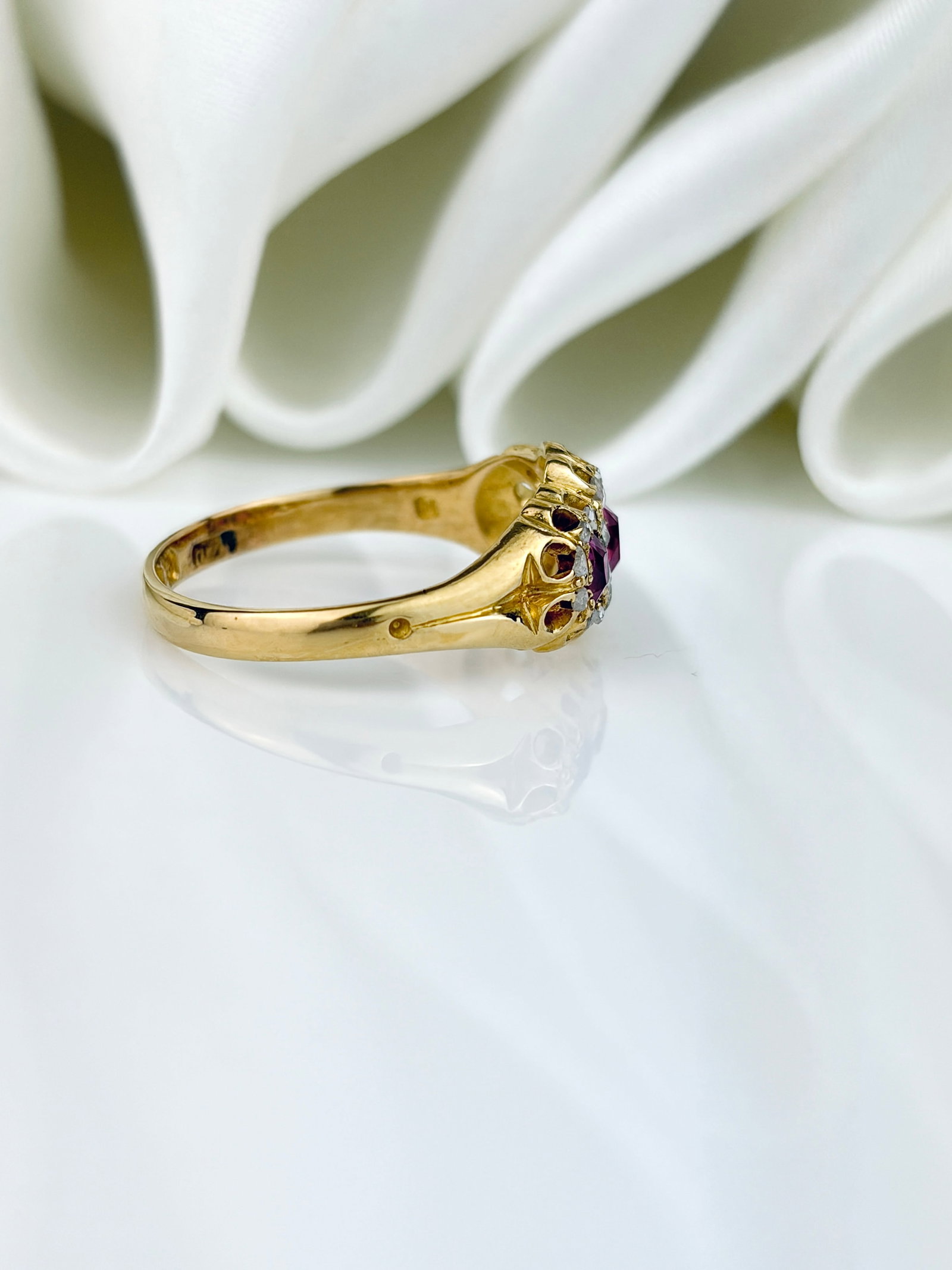 Antique 18ct Yellow Gold Ruby and Diamond Triple Cluster Ring - 2