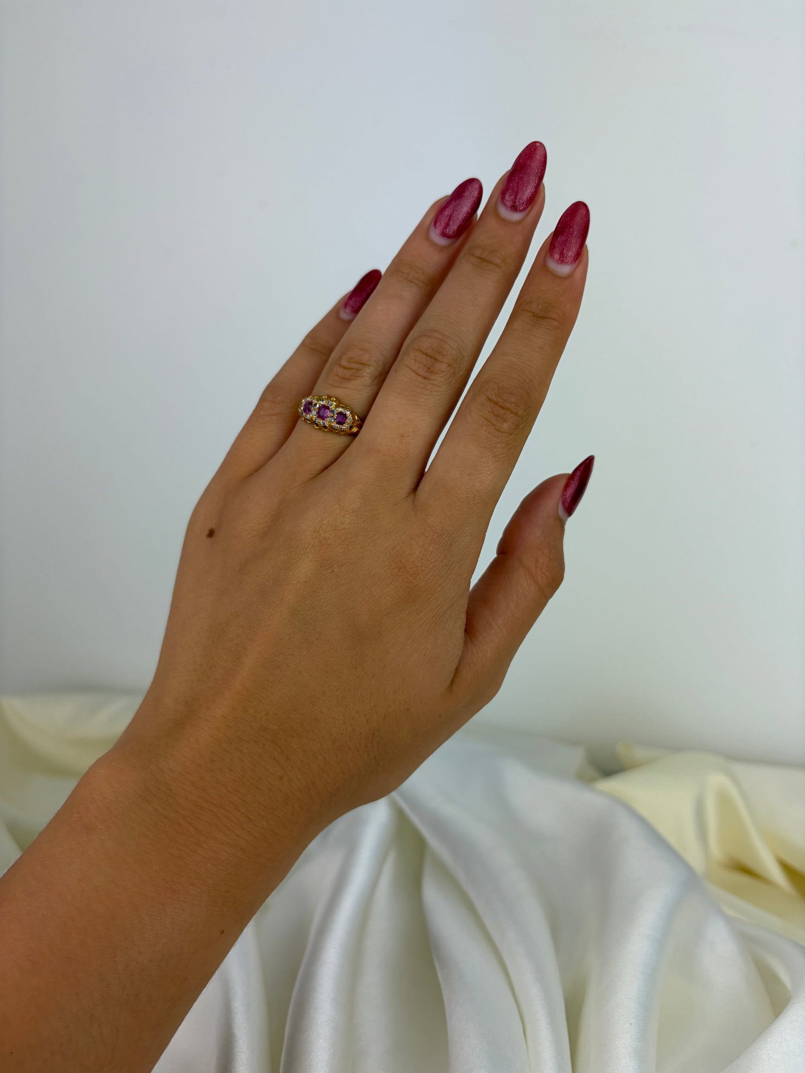 Antique 18ct Yellow Gold Ruby and Diamond Triple Cluster Ring - 7