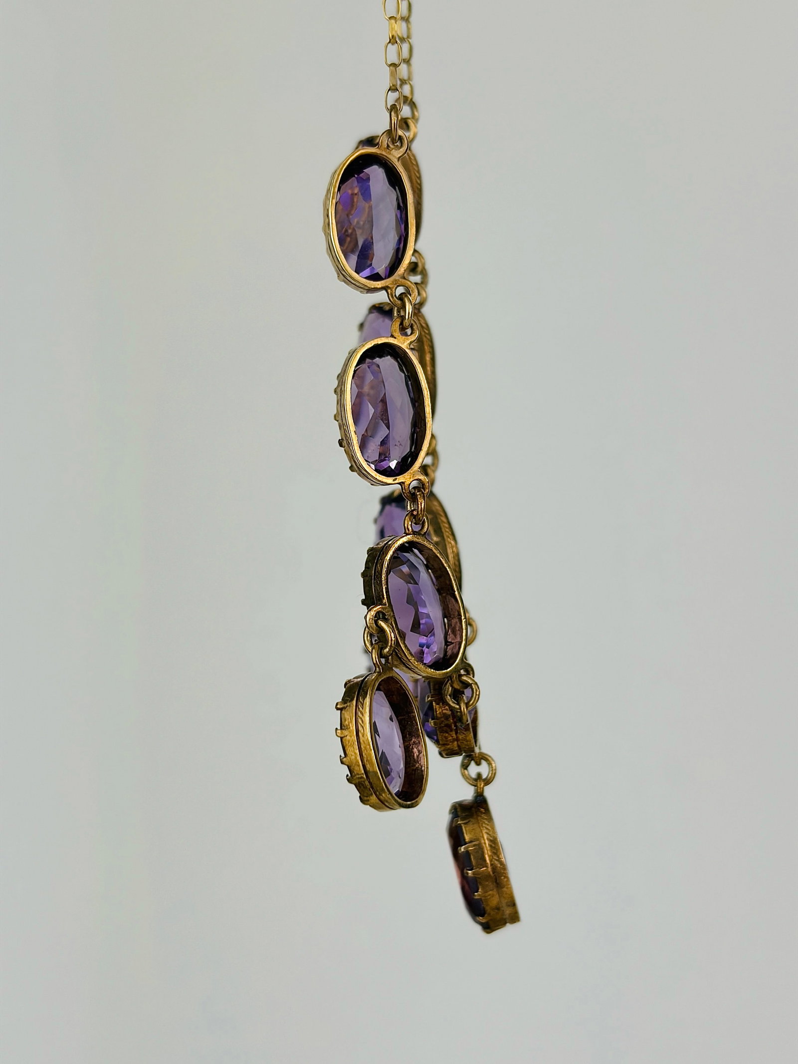 Chunky Antique 9ct Yellow Gold Amethyst Drop Detail Necklace - 2